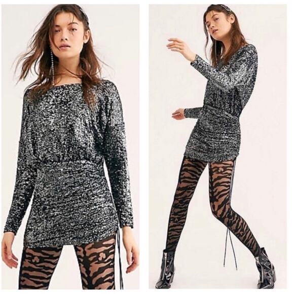 NWT Free People Gisele Sequin Mini Dress Black Silver Off Shoulder Cocktail - Picture 11 of 15